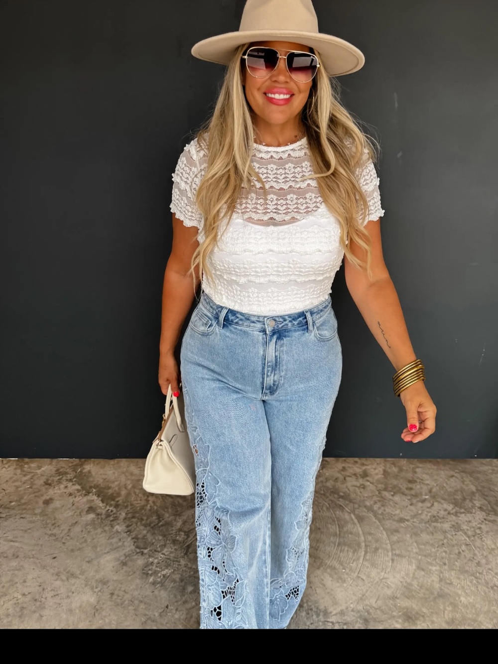 Women's Light Blue Wide-Leg Jeans with Lace Insets